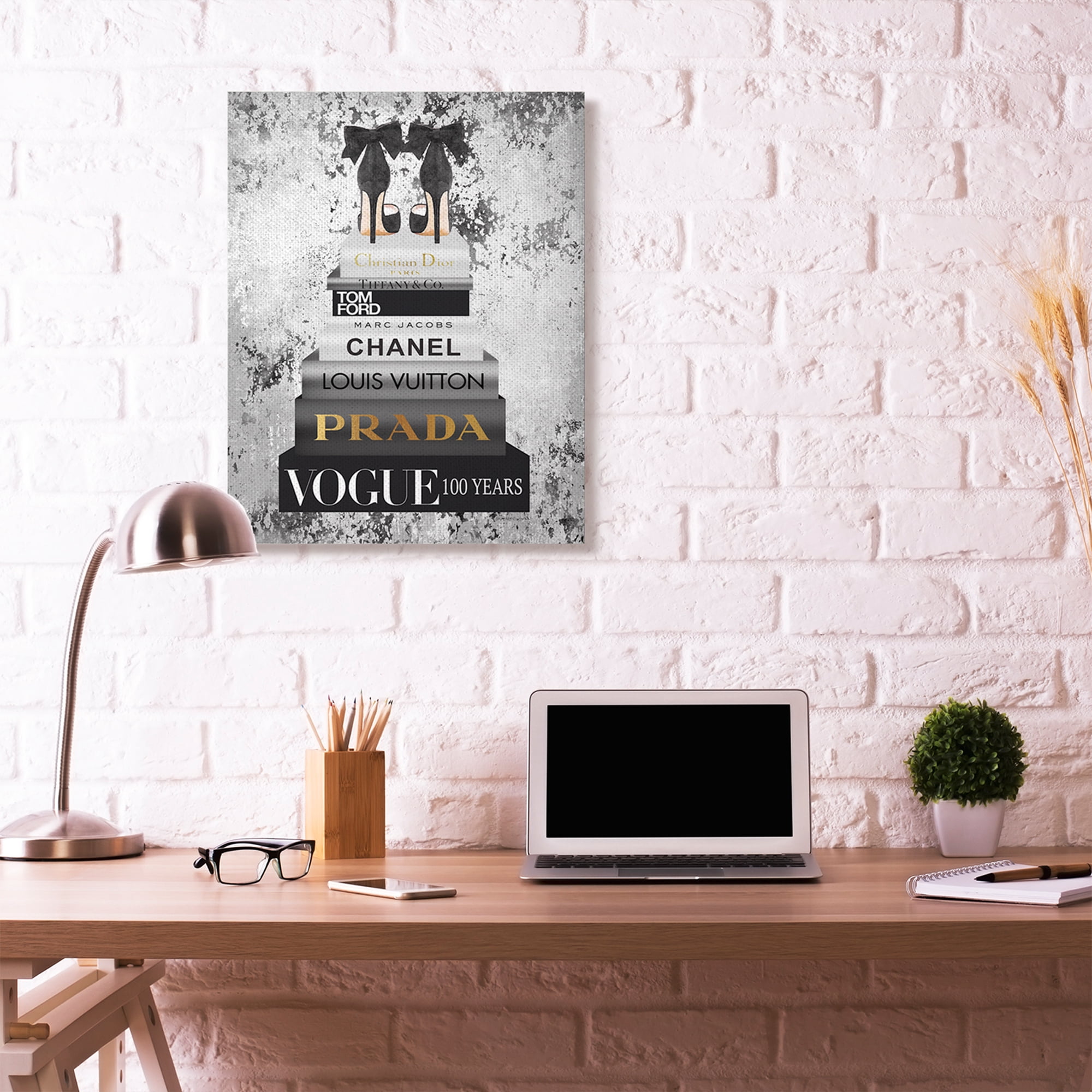 Stupell Industries Fashion Designer Shoes Bookstack Black And White Watercolor Canvas Wall Art by Amanda Greenwood