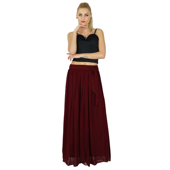 Bimba Women Long Maroon Maxi Skirt Tulip Style Georgette Boho Bottoms