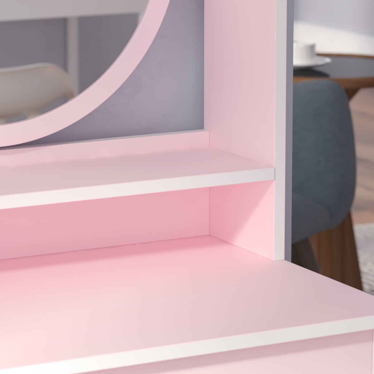 KULAGAGA Vanity Set with Mirror, Cushioned Stool, Storage Shelves, Makeup Organizer, 5 Drawers Makeup Vanity Desk , Dressing Table , Pink