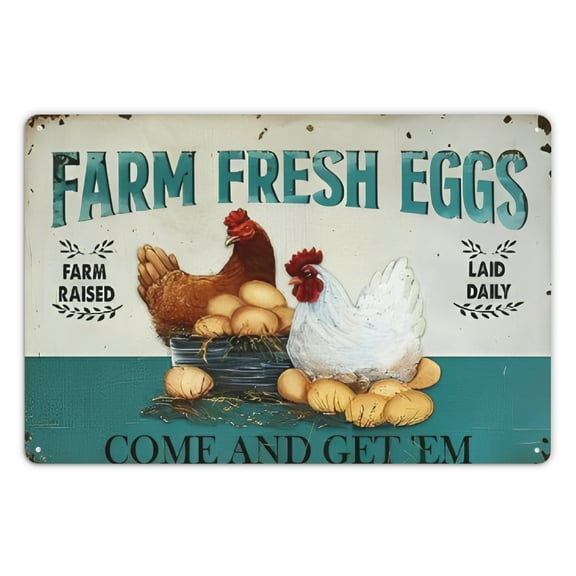 1pc Farm Fresh Eggs Canned - Vintage Rustic Chicken Hen Rooster Metal Logo Chicken Fun Kitchen Farmhouse Shop Market Home Kitchen Wall Decor 8 "X12"