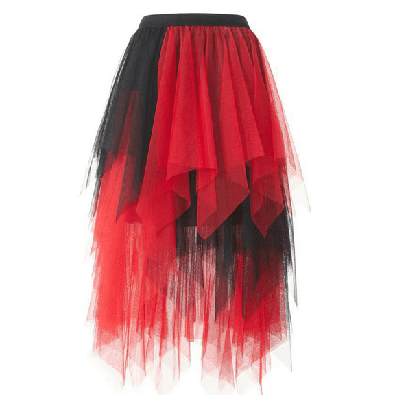 Women's Tulle Skirts High Low Layered Puffy Fairy Skirts Midi Length Irregular Tutu Skirt Red-black M