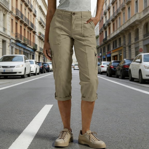 Karight Womens Stretch Cotton Cargo Capris Roll Up Hem Casual Outdoor Pants with Multi Pockets