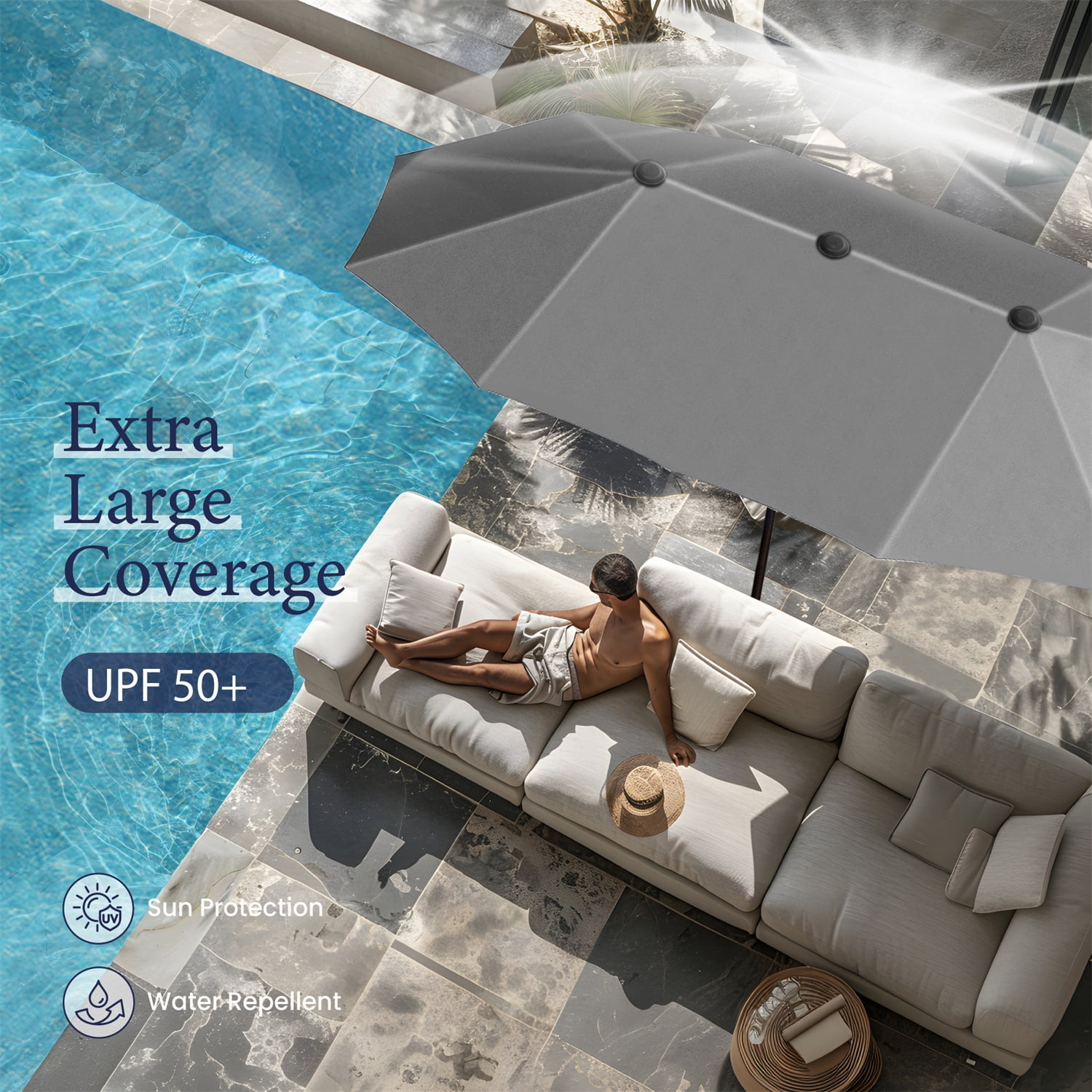 SUMMIT LIVING 13 ft Large Patio Umbrella Double-Sided Rectangular Outdoor Market Table Umbrella for Outside – Smoky Gray