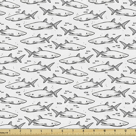 Shark Fabric by the Yard, Big and Small Fishes Going in Opposite Directions Black Sketch on White, Upholstery Fabric for Dining Chairs Home Decor Accents, 5 Yards, Black White by Ambesonne