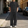 thumbnail image 2 of CONZONE Mens 2 Peice Linen Outfits Solid Color Short Sleeve Henley Shirts Pant Sets Breathable Summer Track Suits, 2 of 5