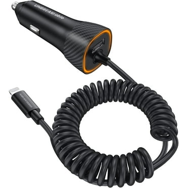 32W iPhone Car Charger - UNBREAKcable [PD 20W Quick Charge] [Apple MFI C94 Certified] Phone Cigarette Lighter with Built-in Coiled Lightning Cable for Apple iPhone 14/13/SE/12/11/Xs/XS Max/XR/X/8