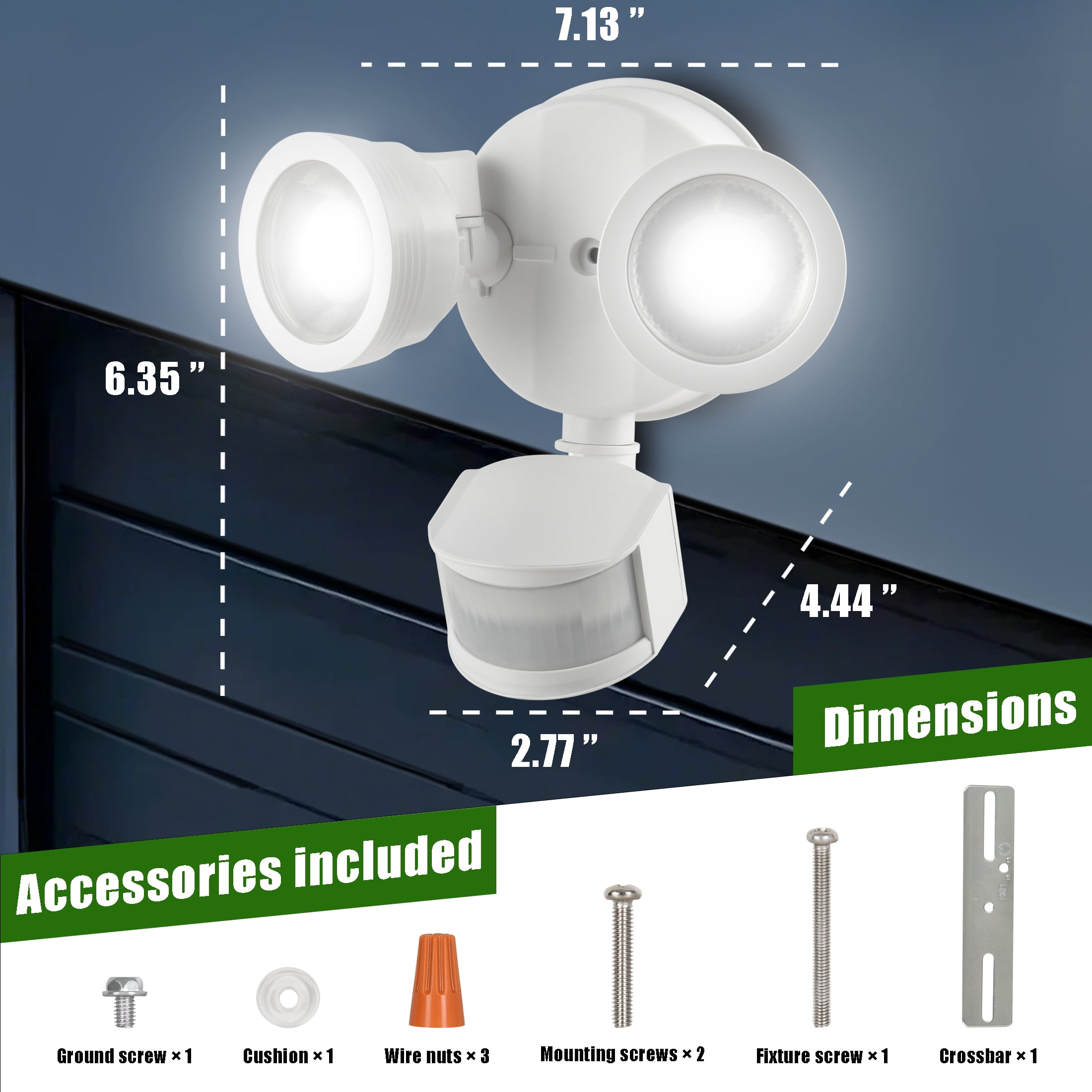 Green Watt LED Security Flood Light, Motion Sensor, Adjustable Beam Angle Light Coverages, Adjustable sensitivities, Outdoor Wet Rated, 5000K Daylight, ETL Listed, White