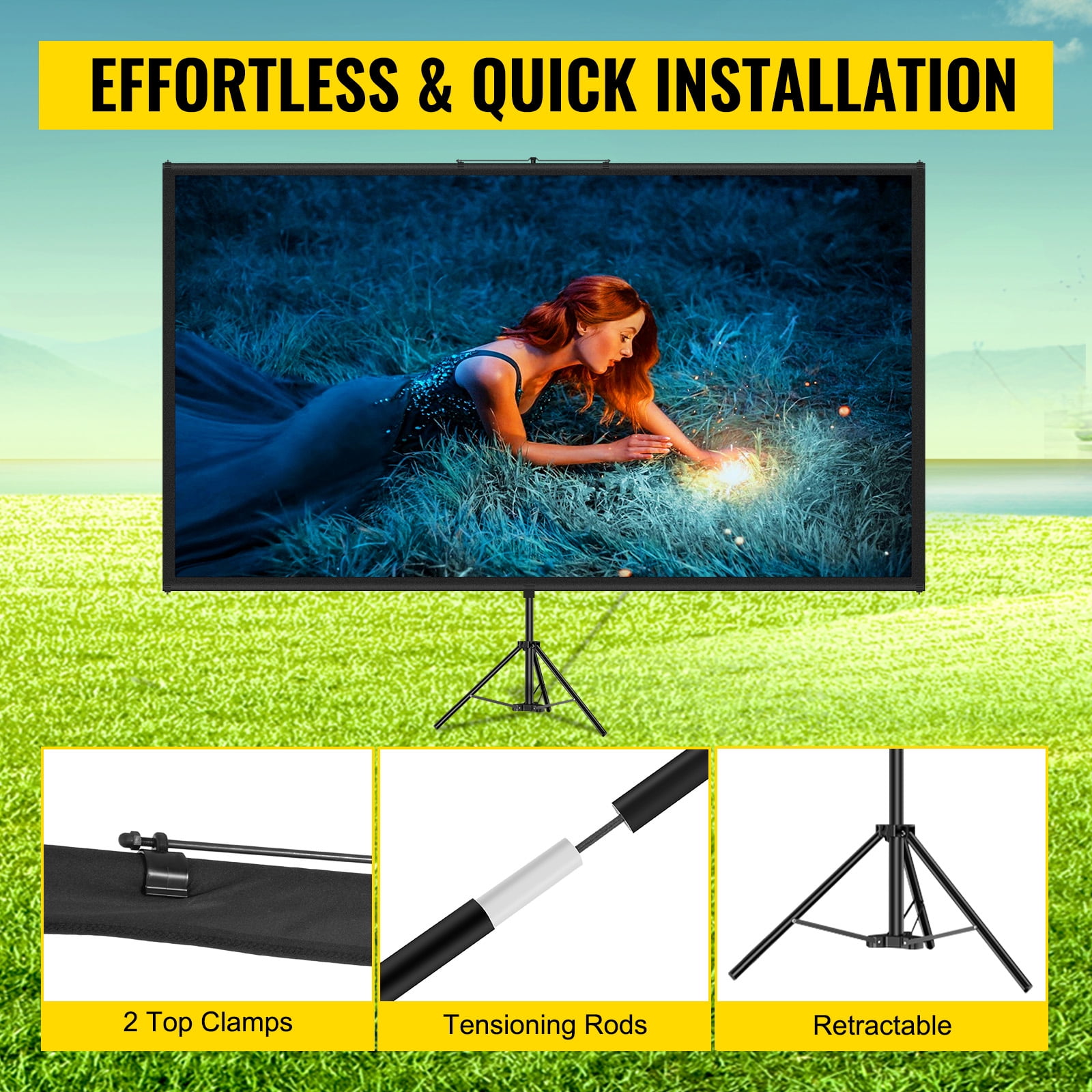 KFFKFF Portable Projector Screen with Tripod Stand, 100inch 16:9 4K HD, Wrinkle-Resistant, Adjustable Height, Ideal for Indoor & Outdoor Movie Viewing, Home Theater, Gaming, Office Use