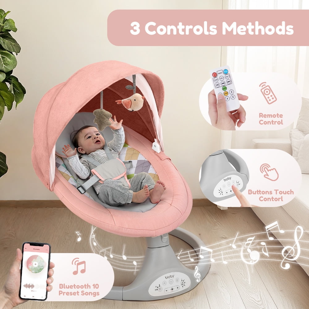 Electric Baby Swing, Caveen Infant Swing Rocker with Remote Control, 5 Sway Speeds, Bluetooth Music, Pink