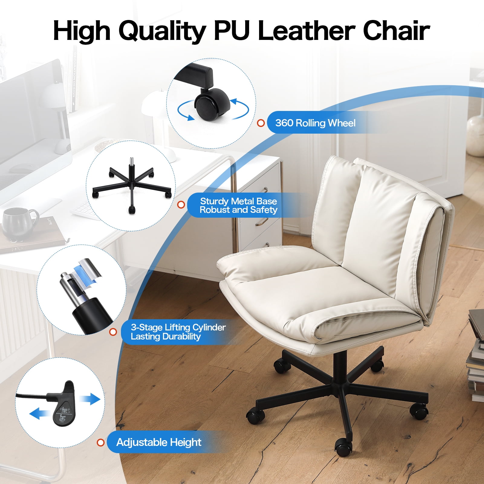 LEAGOO Criss Cross Chair with Wheels, Armless Cross Legged Office Chair, Comfy PU-Leather Desk Chair, Modern Swivel Height Adjustable Computer Task Chair, Wide Seat Cute Chair for Home Office(Beige)