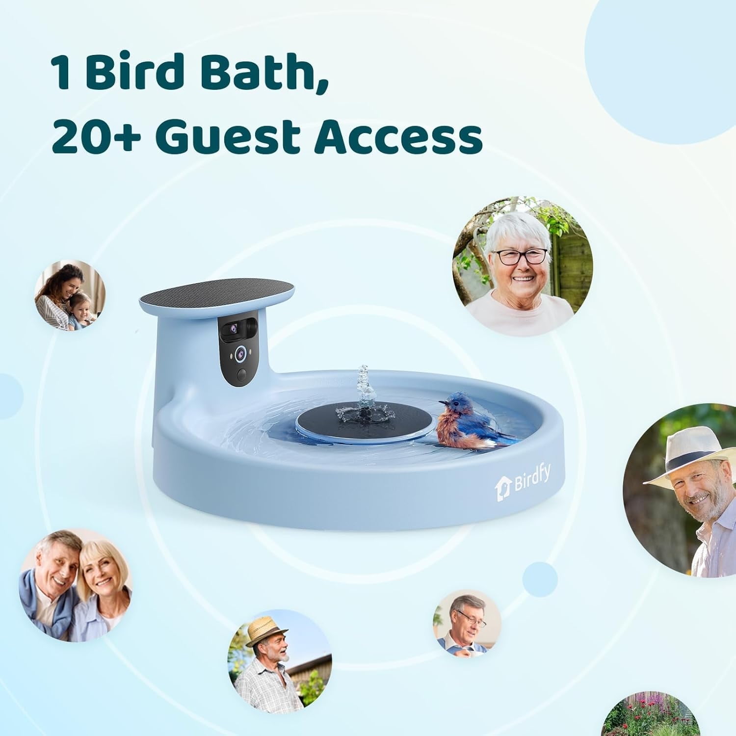 Birdfy Bird Bath with Camera, Solar Powered, Round Pond Fountain, 1080P HD Bird Camera Auto Capture Bird Bath Videos, Blue