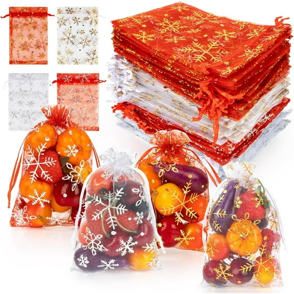 100 Christmas Organza Bags 4x6 - White Red Snowflake Organza Bag Drawstring Gift Bag Bulk Party Favor Mesh Bag Goodie Wrap Pouch Candy Jewelry Sachet Bracelet Fruit Protection Bag Holiday Wedding