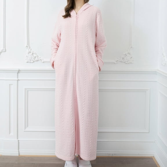 Miqool Women's Long Sleeve Robe Oversized Long Hooded Fleece Bathrobe Zipper Soft Plush Housecoat Maxi Duster Robe