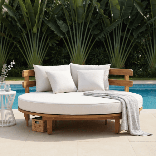 DRNANLIT Outdoor Acacia Wood Round Daybed Patio Lounger with Curved Slatted Backrest, Cushion & 4 Pillows, Beige