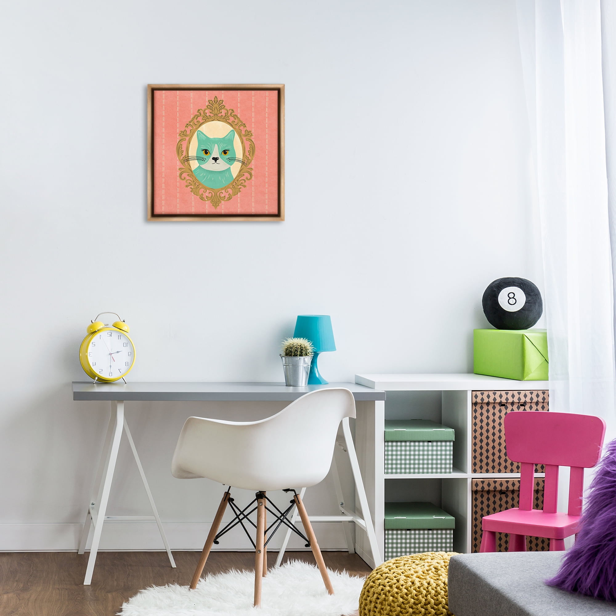 Stupell Industries Green Cat Portrait Animals Painting Brown Floater Framed Canvas Art Print Wall Art, 18 x 18