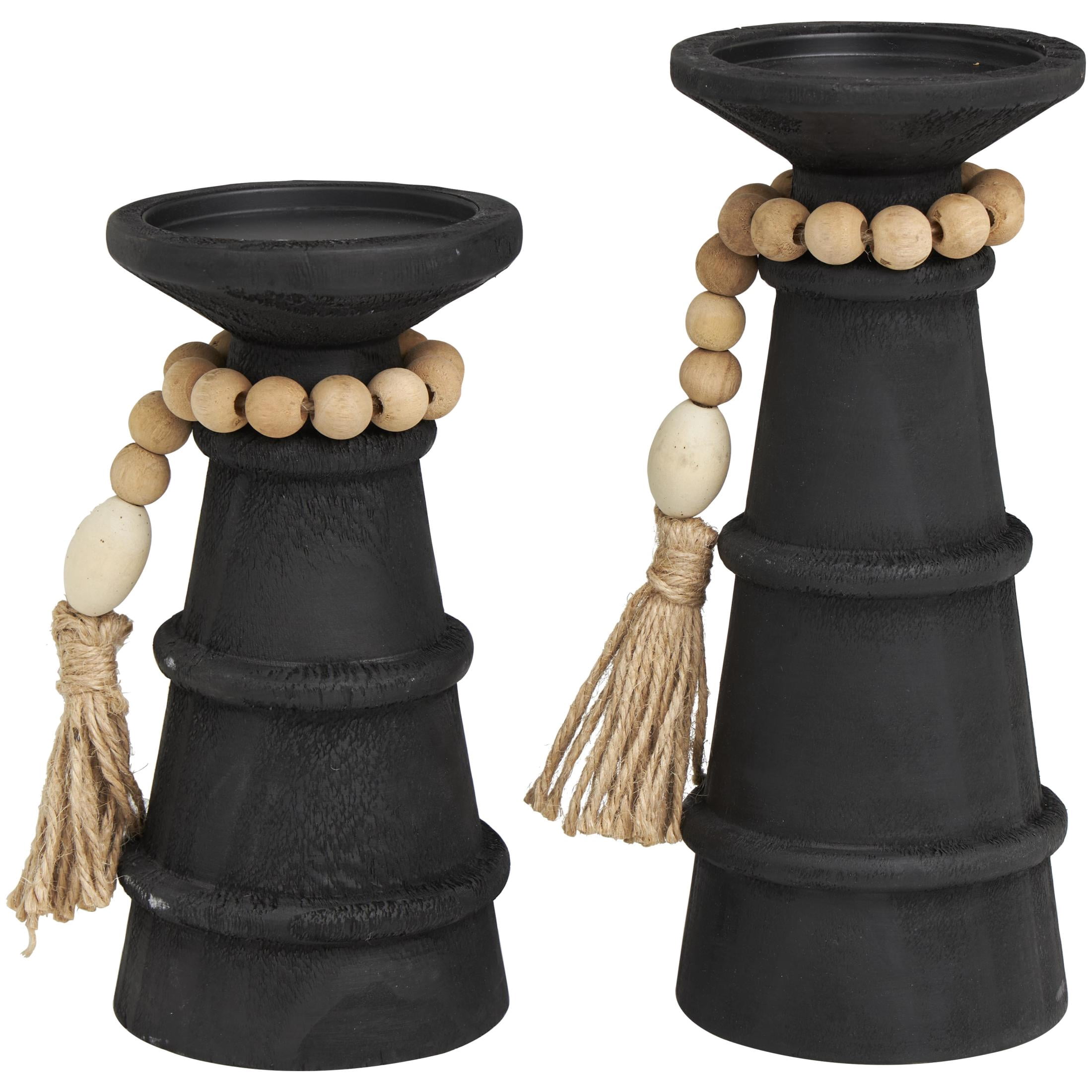 DecMode 2 Candle Black Wood Handmade Textured Matte Candle Holder with Beaded Garland Accent, Set of 2