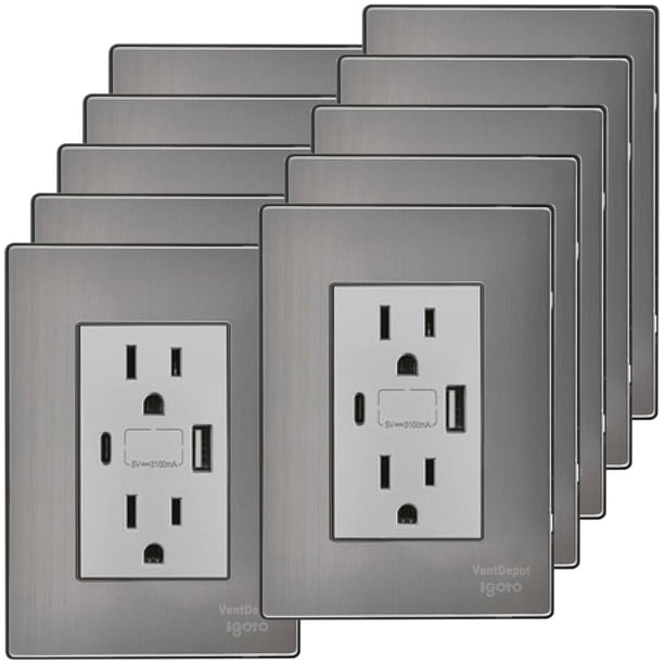 Tomacorriente USB A y USB C Inoxium1X1U1BSilver 10Pzas USB A/USB C/Contacto Duplex 110/125-250VCA 15A 50/60Hz 5VDC 3A Pl