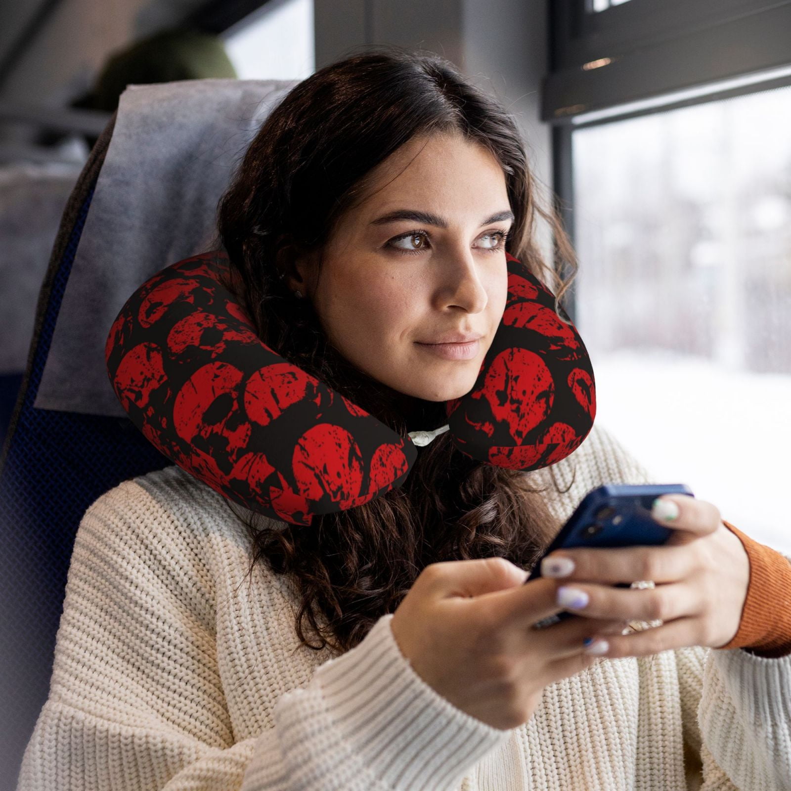 Xecao Red Skulls Print Memory Foam Cervical Neck Pillow Versatile U-Shaped Pillows for Home,Office,Camping,Travelling,Soft Washable Cover
