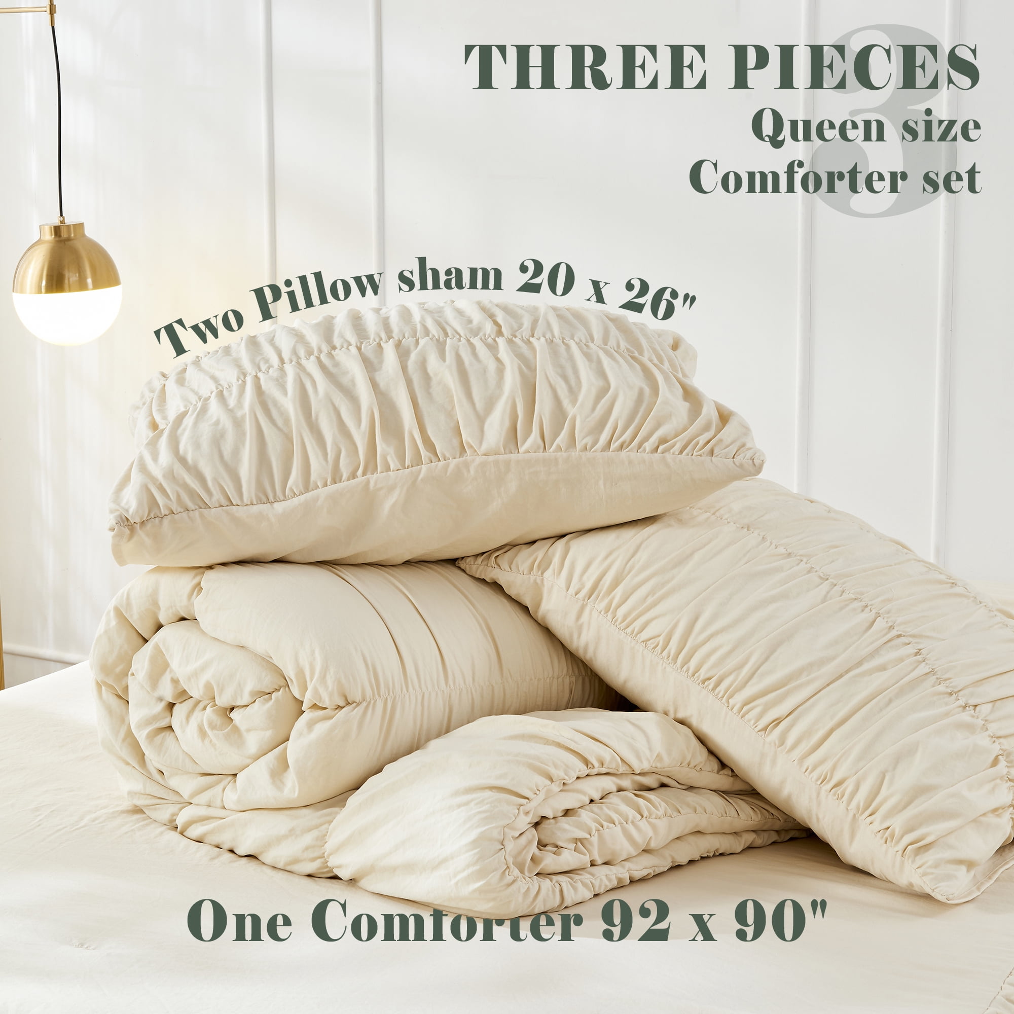 Bonlino Bedding Comforter Set Queen Bed - 3 Pieces Farmhouse Ruched Comforter Queen Size Bed Set Boho Shabby Chic Bedding for Bedroom, Fluffy Ruffle Comforter with 2 Pillow Shams (Wheat, Queen)