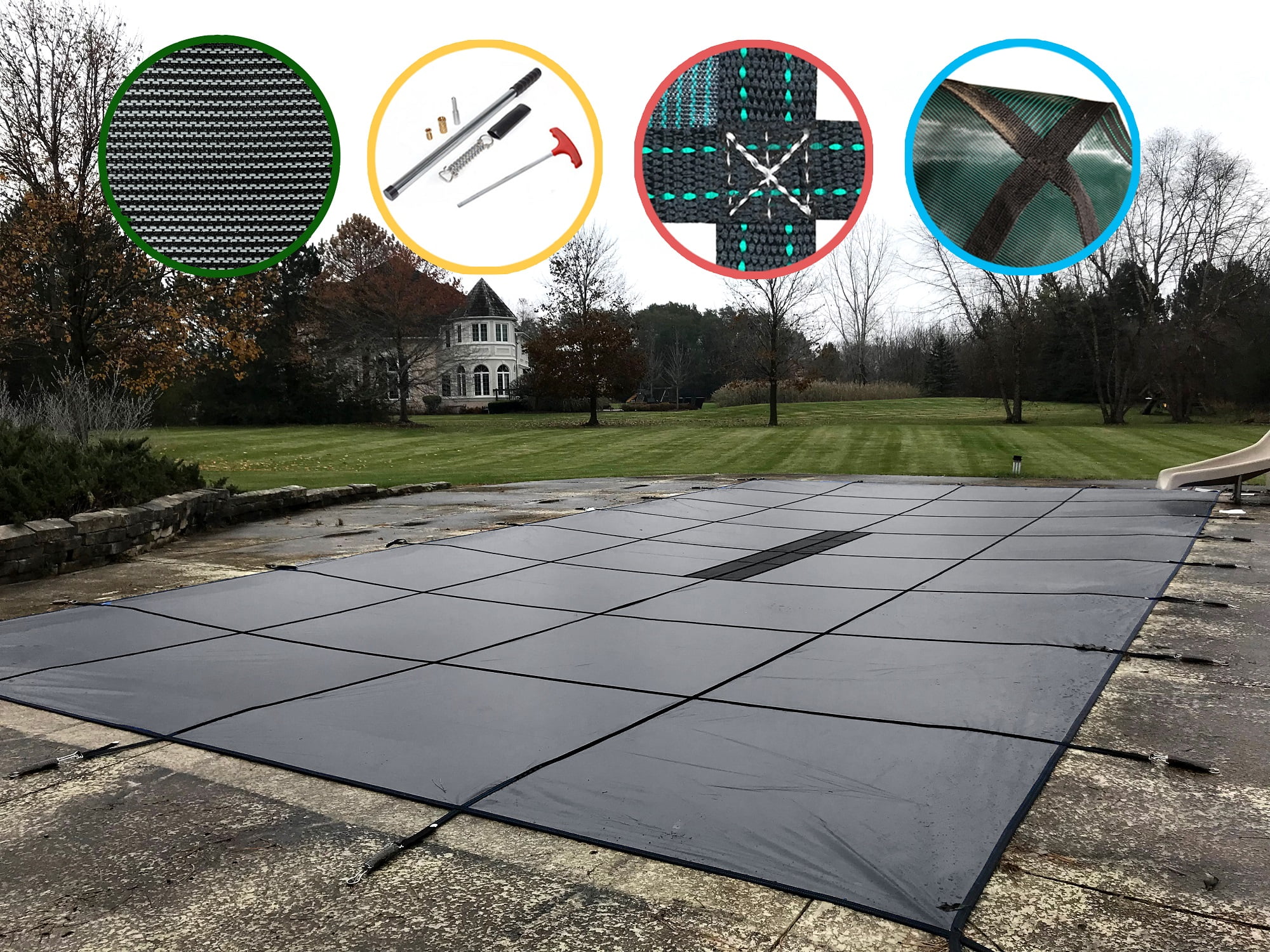 WaterWarden Inground Pool Safety Cover, Fits 16’ x 32’, Solid Grey, Center Drain Panel Easy