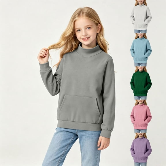 HomeDM Boys Girls Sweatshirts Turtleneck Long Sleeve with Pockets Solid Color Fall Casual Pullover Tops