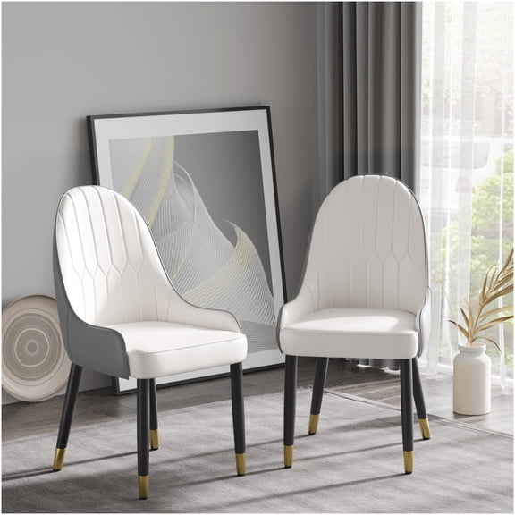 Modern Dining Chairs Set of 2, Upholstered PU Leather Side Chairs with Solid Wood Legs for Kitchen, Dining Room, Living Room