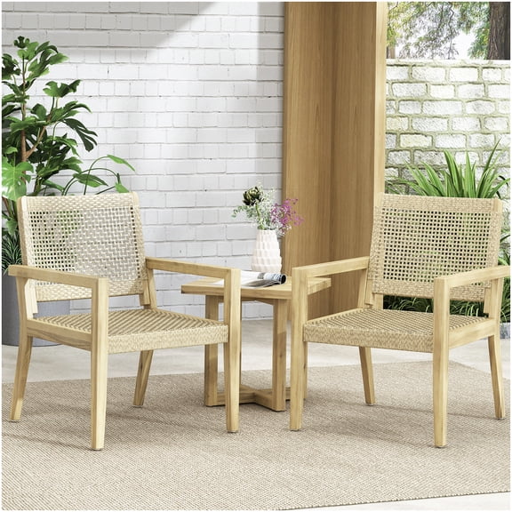 Set of 2 Modern Outdoor Club Chairs, Acacia Wood Frame with Wicker Weave for Patio Lounge