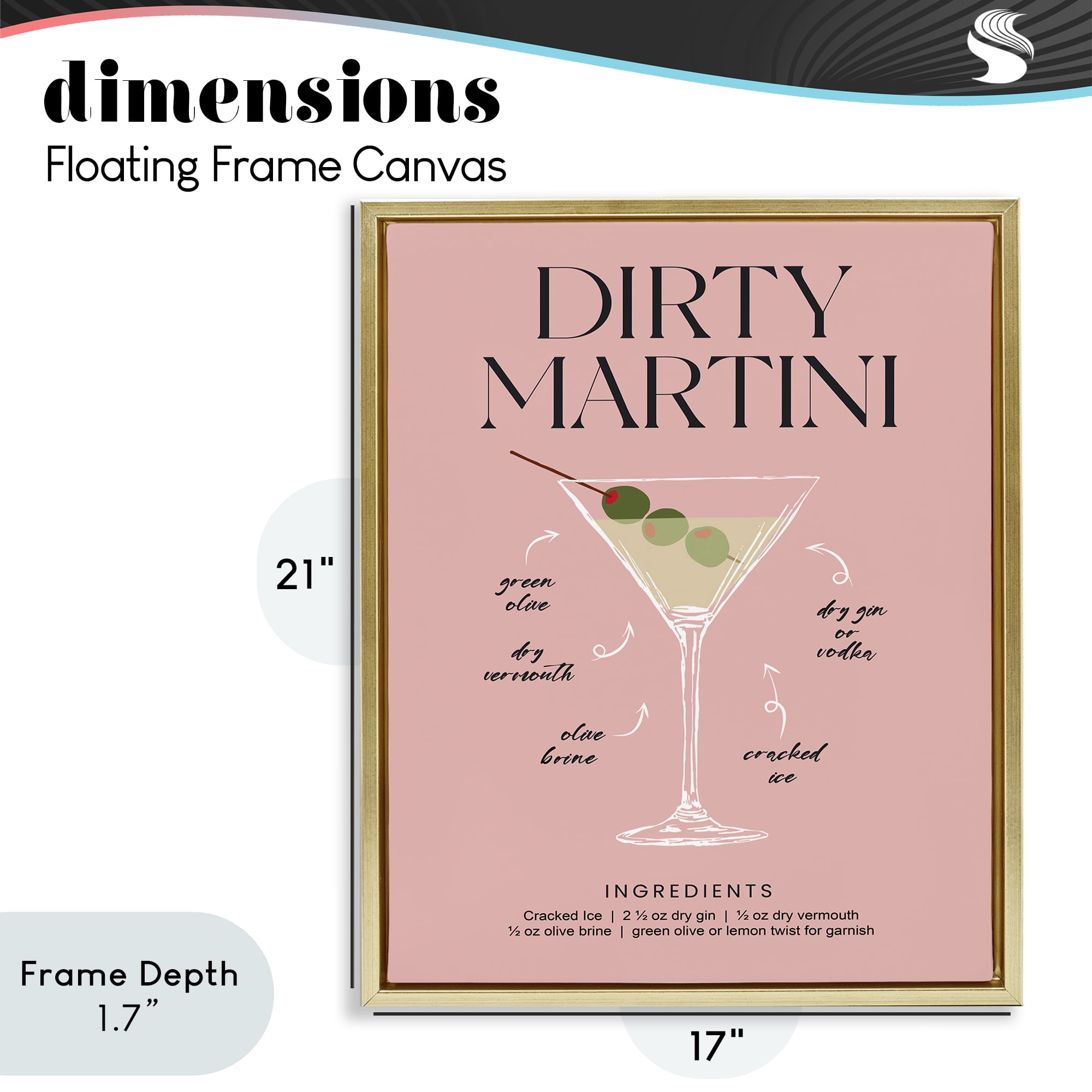 Stupell Industries Dirty Martini Pink Recipe Gold Framed Floater Canvas Wall Art, design by Lettered and Lined