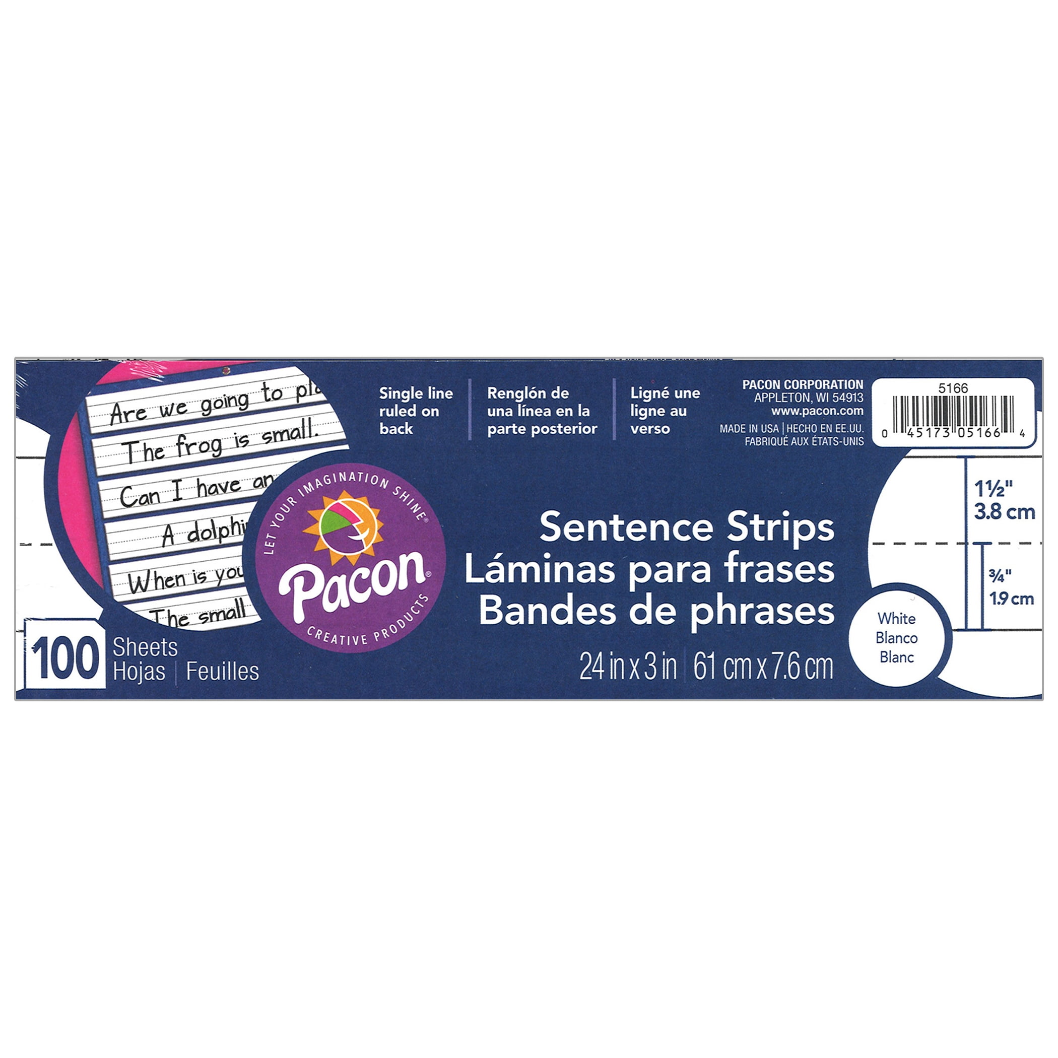 Pacon Sentence Strips, White, 1-1/2" Ruled, 3" x 24", 100 Strips Per Pack, 6 Packs