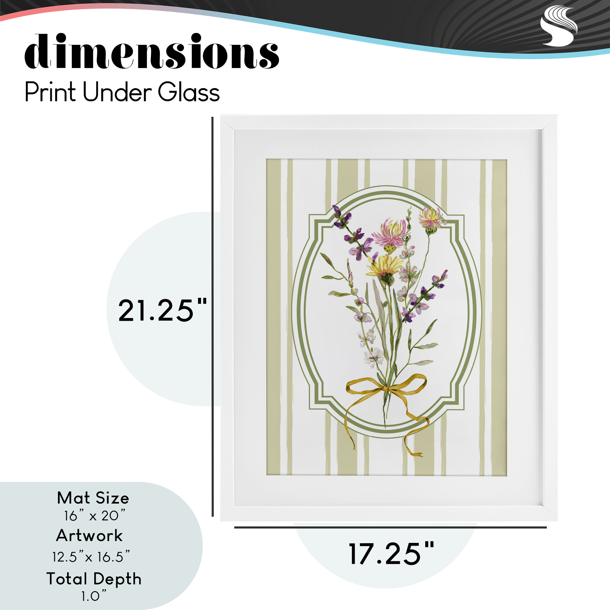 Wildflowers Bouquet Classic Stripes White Framed Print Under Glass, design by Adonna Ebrahimi