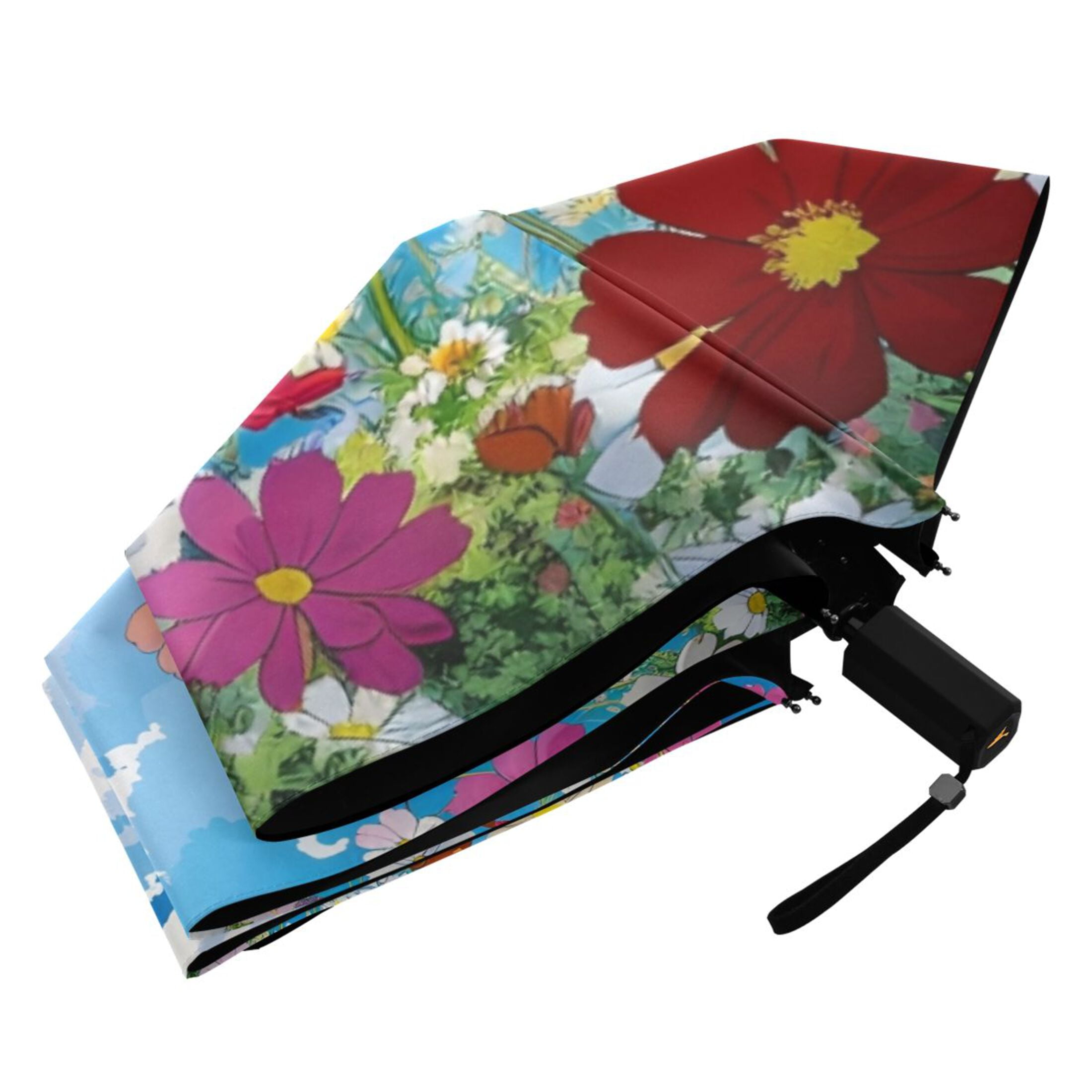 Sky Clouds Flowers All Weather Umbrella Triple Folding Parasol 6 Ribs UV Protection Portable