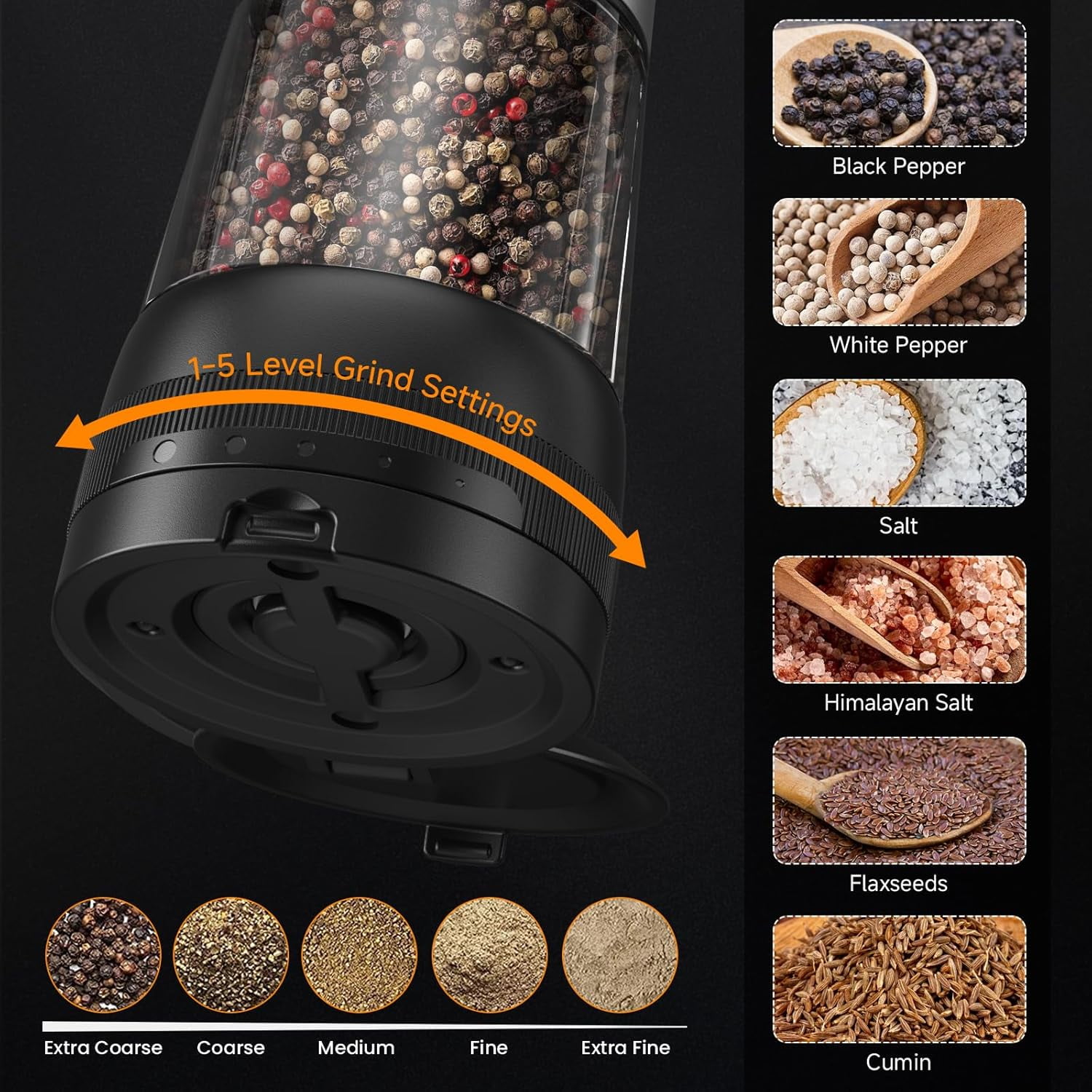 Electric Salt and Pepper Grinder Set with Charging Base, 2 Pack Rechargeable Automatic Spice Mills, 5 Level Settings, LED Light, Large Capacity for Kitchen