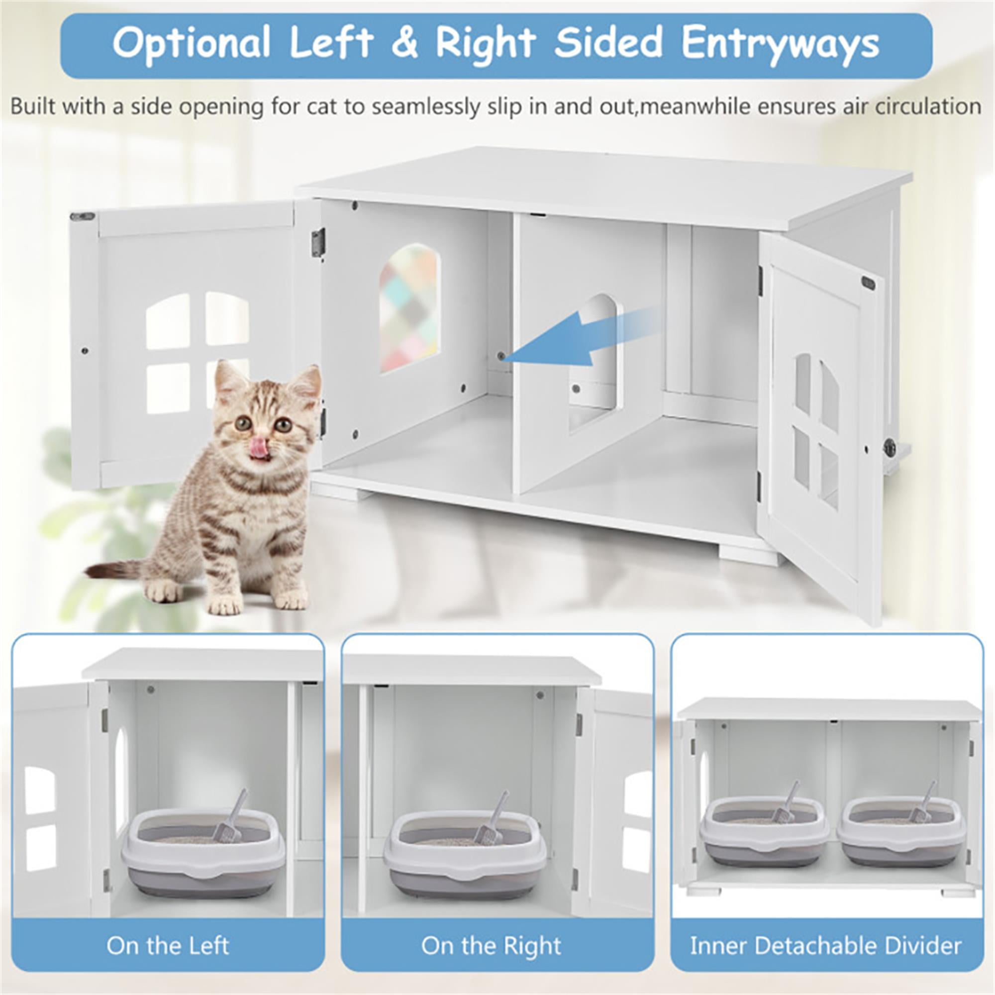Kadyn 32" Large Wooden Cat Litter Box Enclosure Hidden Cat Washroom with Divider, Cat House Furniture, White