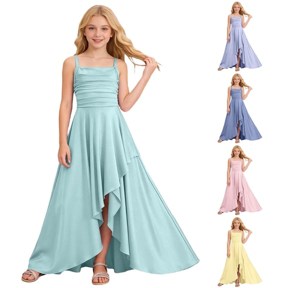 FYDUU Girls Dresses Wedding Guest Dress Strapless Ruffle Party Dress Ruched Asymmetrical Princess Birthday Dresses Formal Sundress 15-16 Years