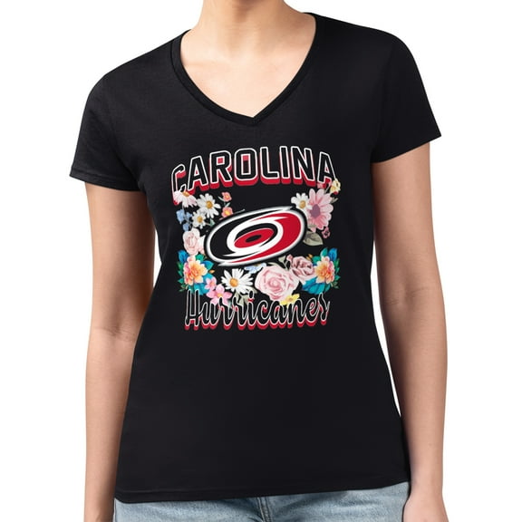 Women's G-III 4Her by Carl Banks Black Carolina Hurricanes Super-Slim Fit Lightweight Flower Logo V-Neck T-Shirt
