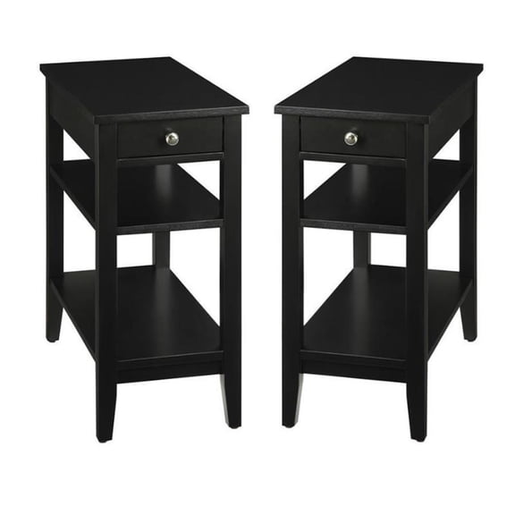 Home Square 3-Tier End Table with Drawer in Black Wood Finish - Set of 2