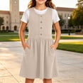 thumbnail image 4 of hotojiny Girls Solid Sleeveless Jumper Dress Button Decorative Pinafore Dress Kids Casual A-Line Tank Dress Back-to-School(Khaki,7-8 Years), 4 of 8