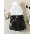 thumbnail image 2 of hirigin Toddler Girl Summer Clothes Set, Solid Rib Sleeveless Stand Neck Vest + Leather Shorts with Belt, 2 of 9