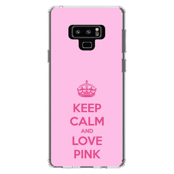 DistinctInk Clear Shockproof Hybrid Case for Samsung Galaxy Note 9 - TPU Bumper, Acrylic Back, Tempered Glass Screen Protector - Keep Calm and Love Pink