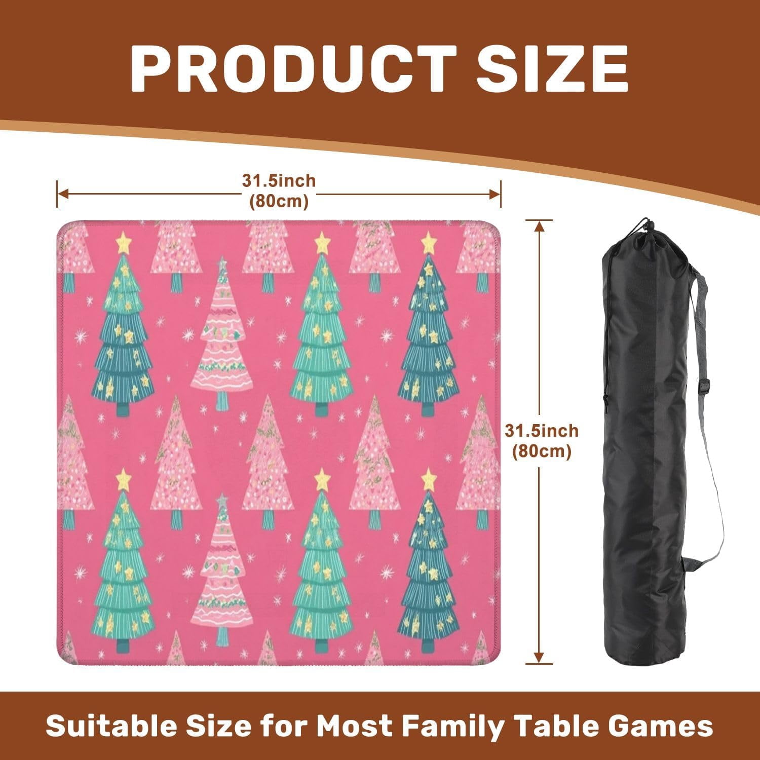 Mahjong Mat 31.5" x 31.5" Seamless Christmas Trees Cartoon Style Pink for Clothing Home Textile Non-Slip Noise Reduction Mahjong Tiles Table Cover for Dominoes Poker Card Board and Tile Games