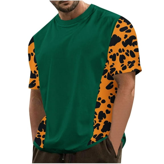 ZCFZJW Fashion Leopard T-Shirts for Men Casual Patchwork Short Sleeve Round Neck Graphic Tees Tops Loose Lightweight Comfy Pullover Tops Army Green XXXL