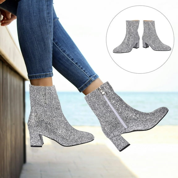 MLINS Durable Silver Sequins Women's Ankle Boots Stylish Pointed Toe Comfortable Wear PU Rubber Size Options