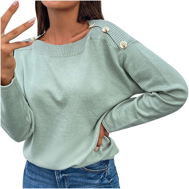 Blusa de suéter de punto con botones en el hombro y cuello redondo para mujer Fridja ghj987+3958