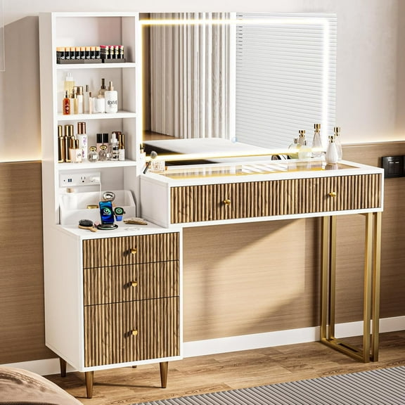 Fluted Vanity Desk with 32'' HD Mirror and Lights, 44''/w Modern Glass Top Makeup Vanity Table with Drawers & Charging Station, 3 Shelves, Makeup Tray Dressing Table for Bedroom(White)