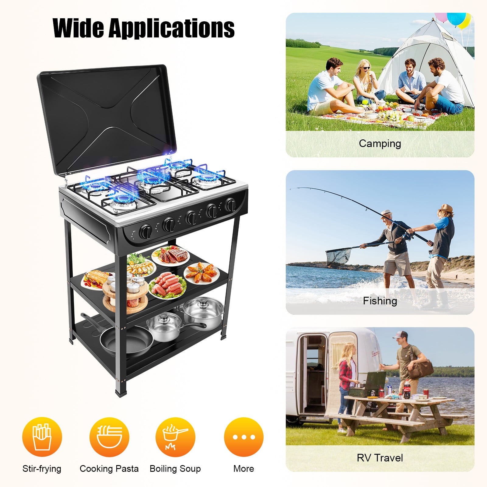 5 Burner Natural Gas Stove, Portable Outdoor Stove with Removable Bracket, 2.5KW Iron Gas Cooker, Fast Heat Camping Stove with Support Leg for Camping Picnic Home RV Cooking (Black)