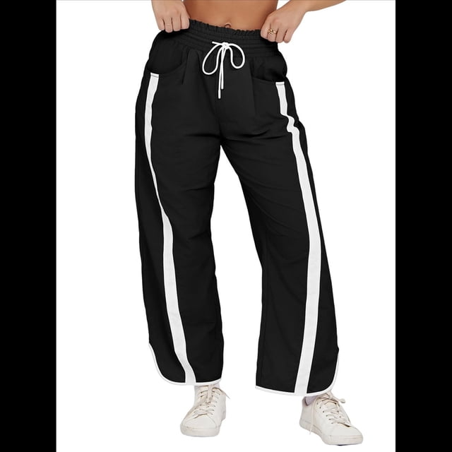 Pantalones Deportivos Holgados de Pierna para Mujer, Informales, con Cordón Ajustable y Cintura Elástica, en Colores Contrastantes, Estilo Y2K. Negro M