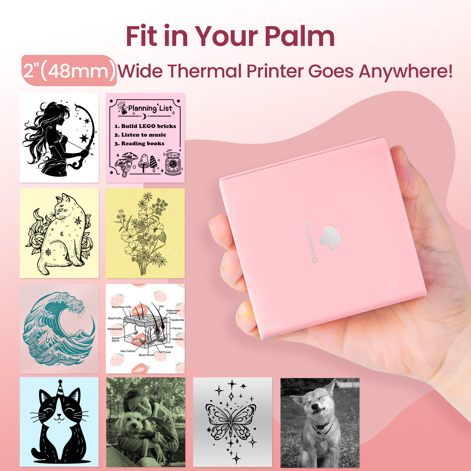 Phomemo Sticker Printer - M02 Label Maker Portable Bluetooth Thermal Sticker Printer for Notes, Gifts, Journals, Planners, Scrapbooking, and Creative Projects(Pink)