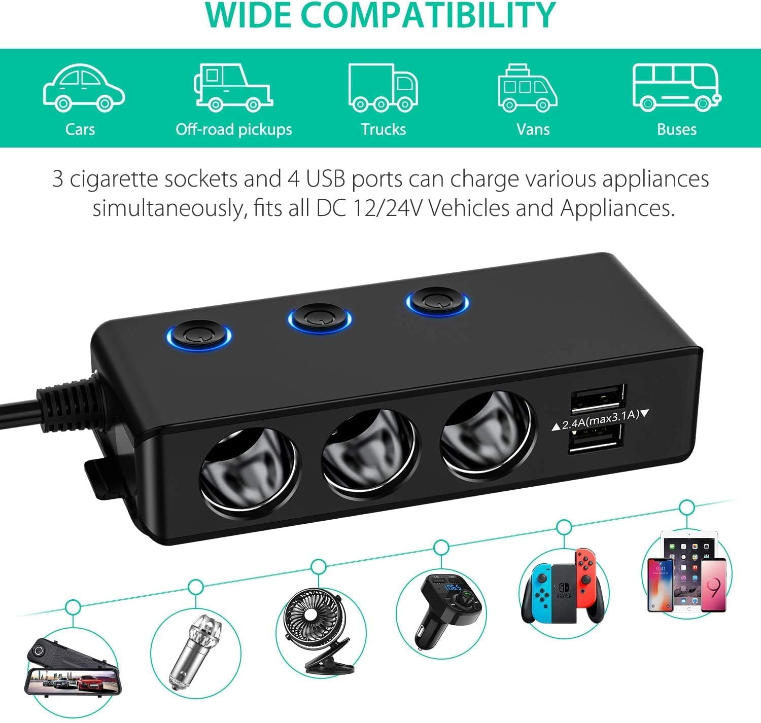 Car charger,fast charging, including 4 USB ports + 3 cigarette lighter ports, suitable for mobile phones, tablets and other electronic devices
