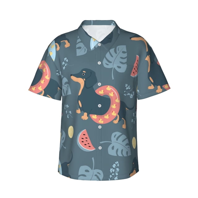 Fotbe Watermelons Dachshunds Camisa Hawaiana para Hombre Unisex – Camisa Casual de Verano con Botones de Manga Corta de Algodón y Lino,Large