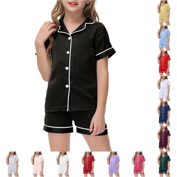 CUZIBR Girls Outfits Solid Color Lapel Collar Pajamas Set Silk Short Sleeves Sleepwear 2 Piece Button Down Classic Loungewear Shirts Shorts For Little Kid Baby Clothes Sets,Black,8-9 Years